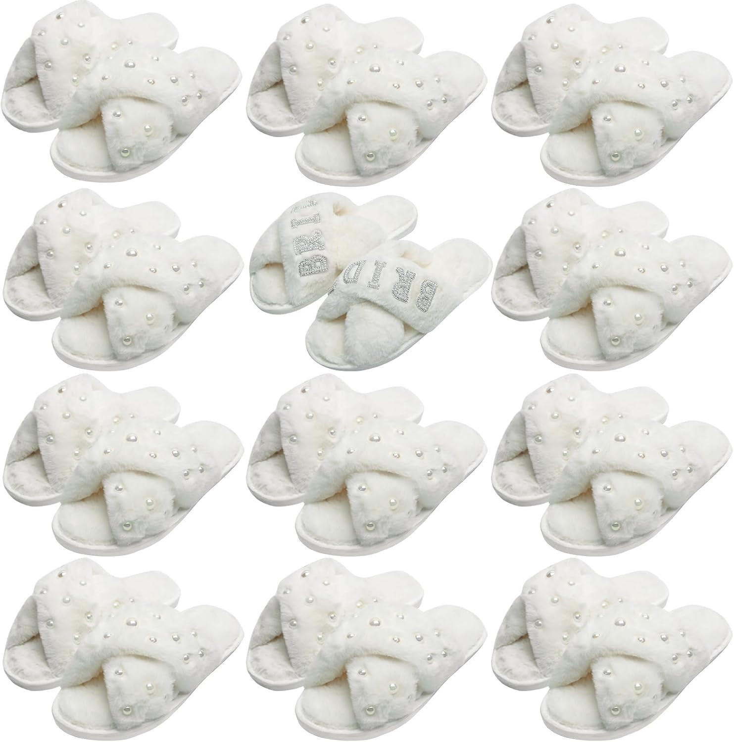 12 Pairs Women's Fuzzy Slippers Bulk Cross Band Open Toe Bridesmaid Slippers Plush Furry Slippers for Bridal and Bachelorette Party Gift | Amazon (US)
