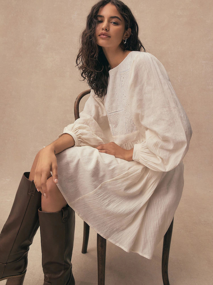 Ecru Long Sleeve Mini Patchwork Dress | Next US