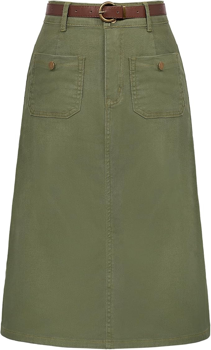 Belle Poque Denim Skirt with Belt Below Knee Length High Waisted Jean Skirts for Women | Amazon (US)