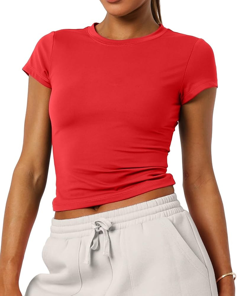 Women's Basic Summer Short Sleeve Crewneck T-Shirts Y2K Cute Going Out Tops Baby Tee | Amazon (US)