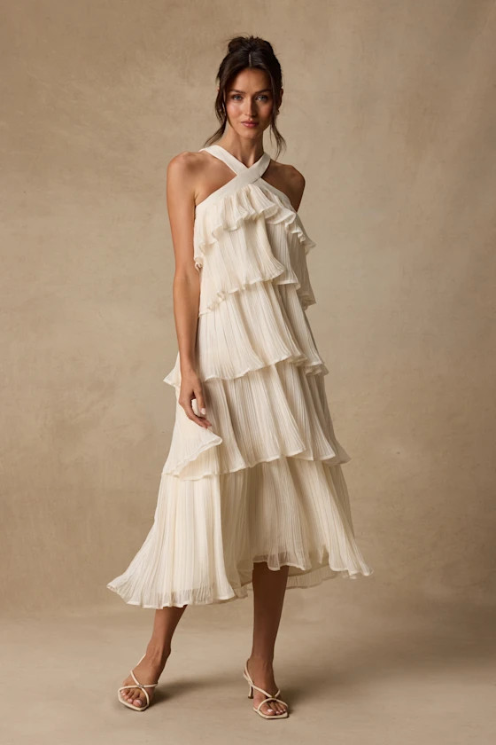 Lauretta Ivory Plisse Tiered Midi Dress | Lulus