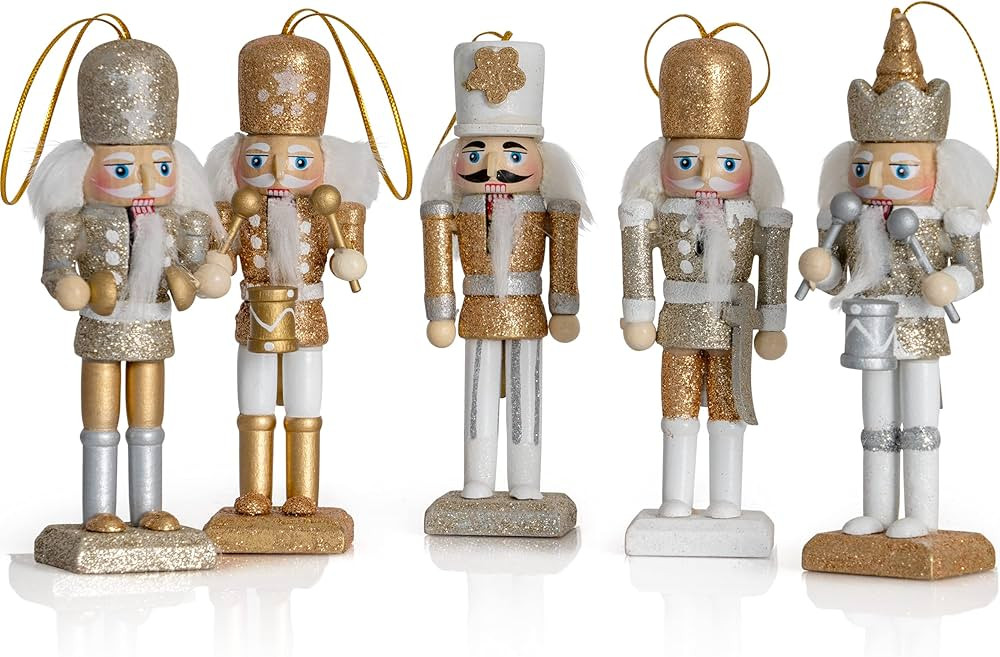 Ornativity Nutcracker Hanging Ornament Figures – Gold and Silver Glittered Christmas Mini Woode... | Amazon (US)