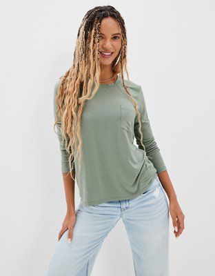 AE Soft & Sexy Long-Sleeve Pocket T-Shirt | American Eagle Outfitters (US & CA)