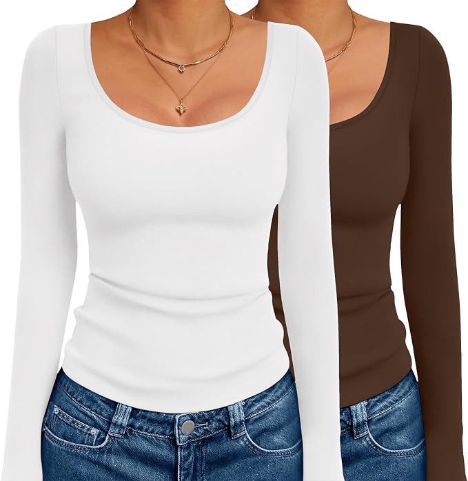 Ekouaer 2 Pack Long Sleeve Shirts for Womens Scoop Neck Tops Slim Fit Undershirts Basic Thermal T... | Amazon (US)