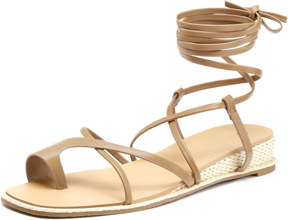 Coutgo Womens Gladiator Espadrille Low Wedges Sandals Lace Up Flat Thong Cross Strappy Summer Sho... | Amazon (US)