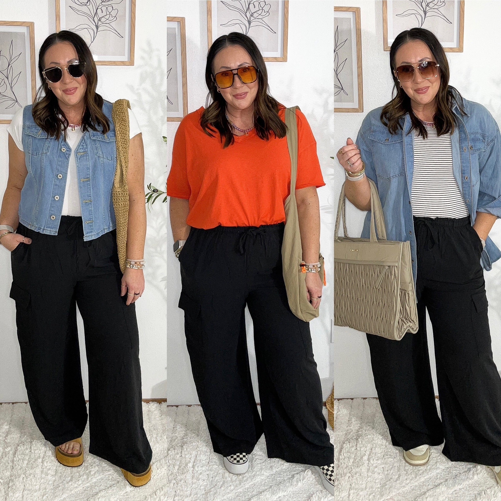 Styling some of my favorite wide leg pants from Amazon! I finally grabbed the black ones. These hold up so well. Super comfy and stretchy. XL in mine. XL white tee. XL denim vest. Medium v neck tee. XXL tank top. Large denim button down. Sandals and shoes run true to size.  

#LTKSaleAlert #LTKMidsize #LTKOver40