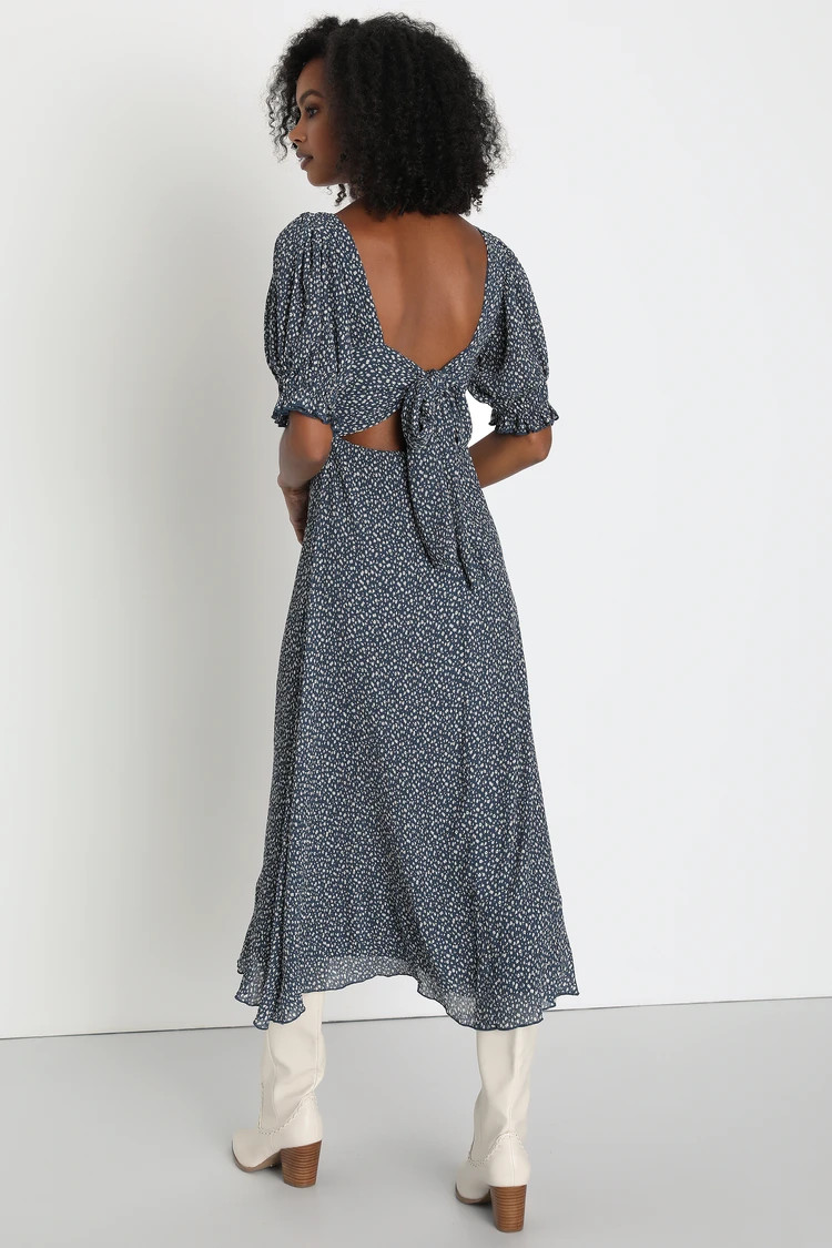 Perfect Aura Blue Floral Print Plisse Tie-Back Midi Dress | Lulus