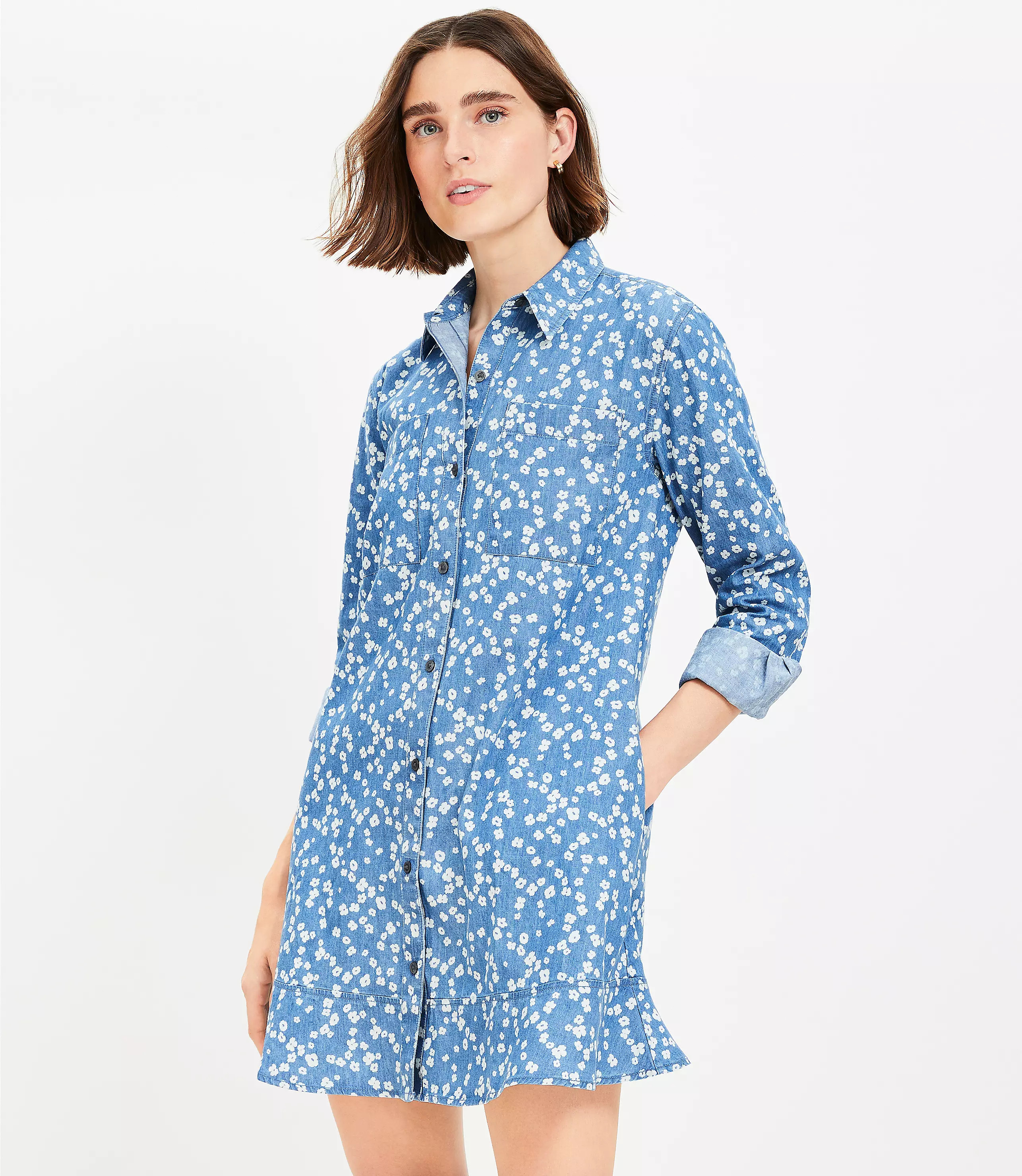 Bloom Chambray Mini Pocket Shirtdress | LOFT