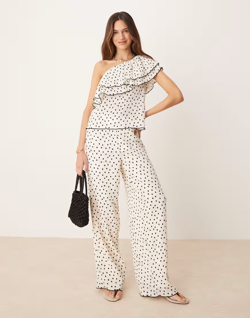 YAS wide leg trouser co-ord in cream and black polka dot-White | ASOS (Global)