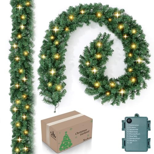 2 Pack Battery Operated Christmas Garland, 9 FT Prelit Christmas Garland with Warm Lights, Christmas Decorations for Mantle, Fireplace, Stair, Indoor Outdoor | Amazon (US)