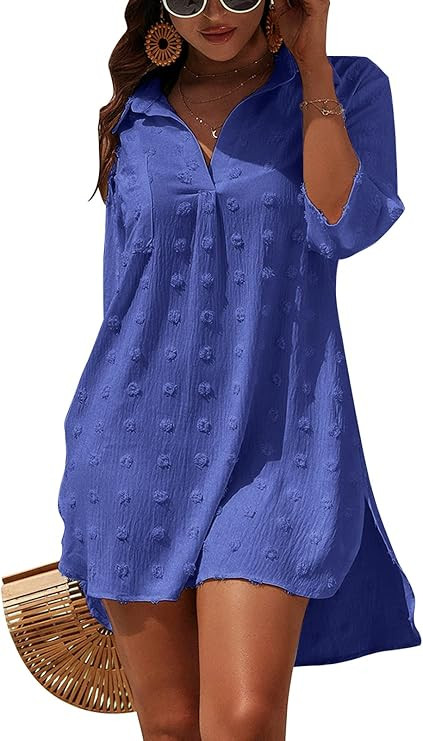 Blooming Jelly Womens Swimsuit Coverups White Chiffon Bikini Swimwear Beach Cover Up Dress Shirt | Amazon (US)