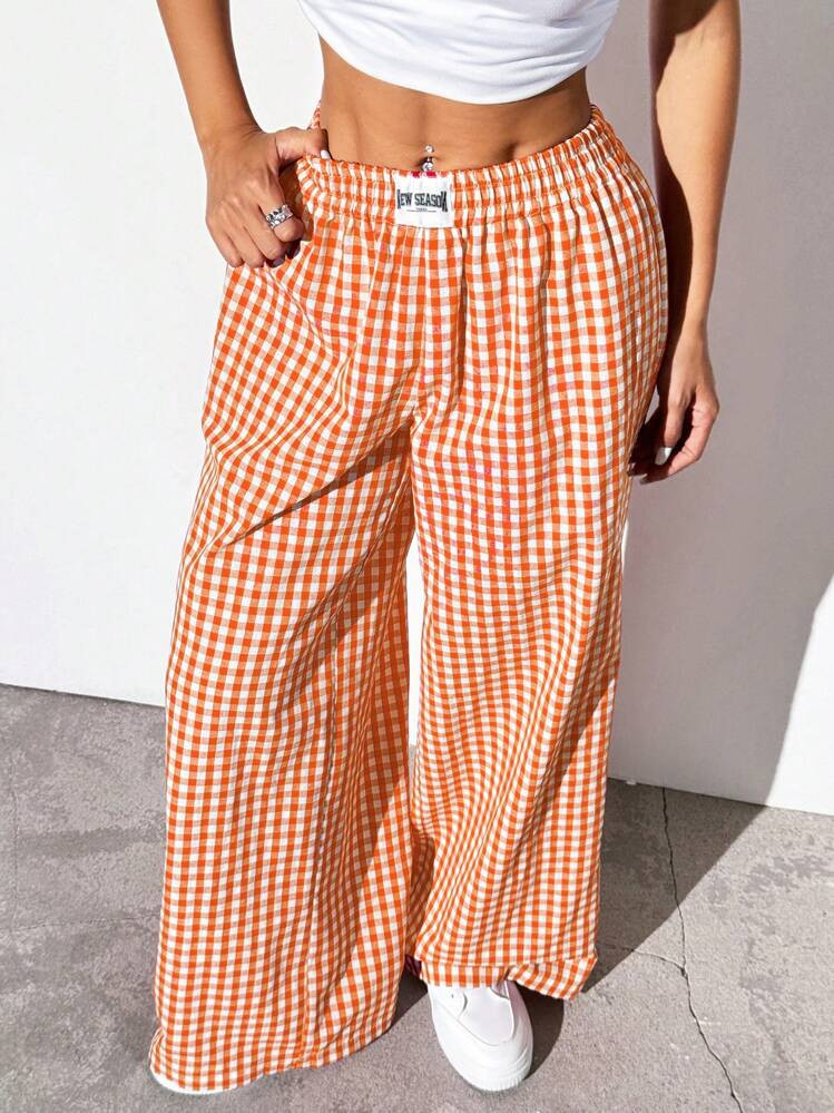 SHEIN EZwear Orange Woven Women's Plaid Casual Wide Leg Pants | SHEIN