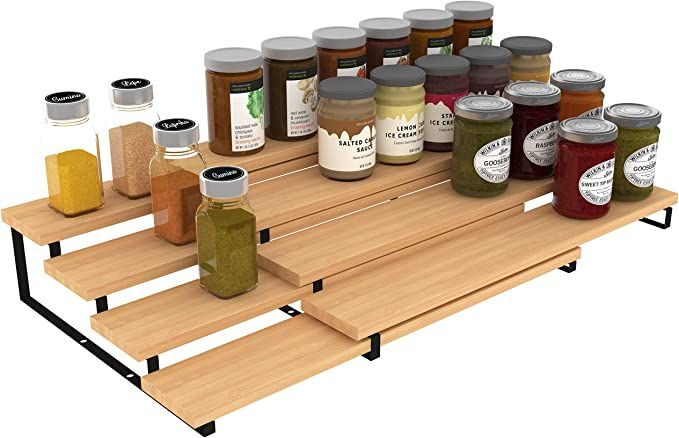 Derkniel 4 Tier Expandable Bamboo Spice Rack Cabinet Step Shelf Organizer for Kitchen Pantry Coun... | Amazon (US)