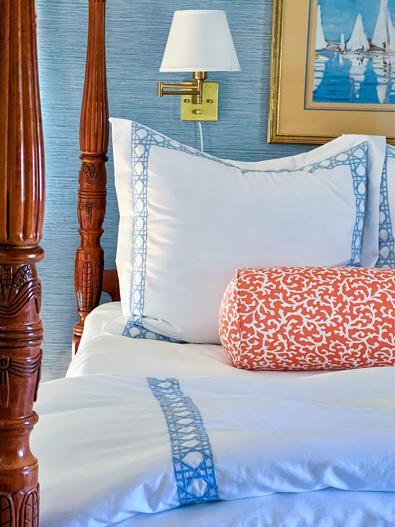 We love our blue caned embroidered bedding from Lands End. It’s high quality and very affordable. Also, it’s a sateen weave which means it wrinkles less  

#LTKhome