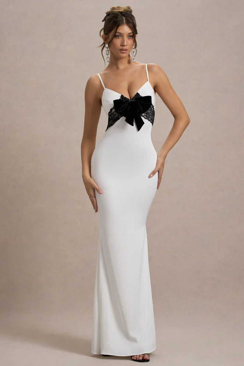 Rumi  White Satin Strappy Maxi Dress With Velvet Bow | Club L London