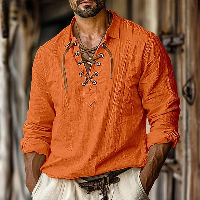 Men's Shirt Linen Shirt Viking Style Pirate Shirt Summer Shirt Beach Wear White Orange Green Ligh... | Lightinthebox