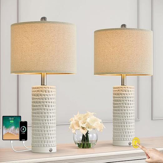 PORTRES 24" Farmhouse 3-Way Dimmable Touch Ceramic Table Lamp Set of 2 for Bedroom White Bedside ... | Amazon (US)