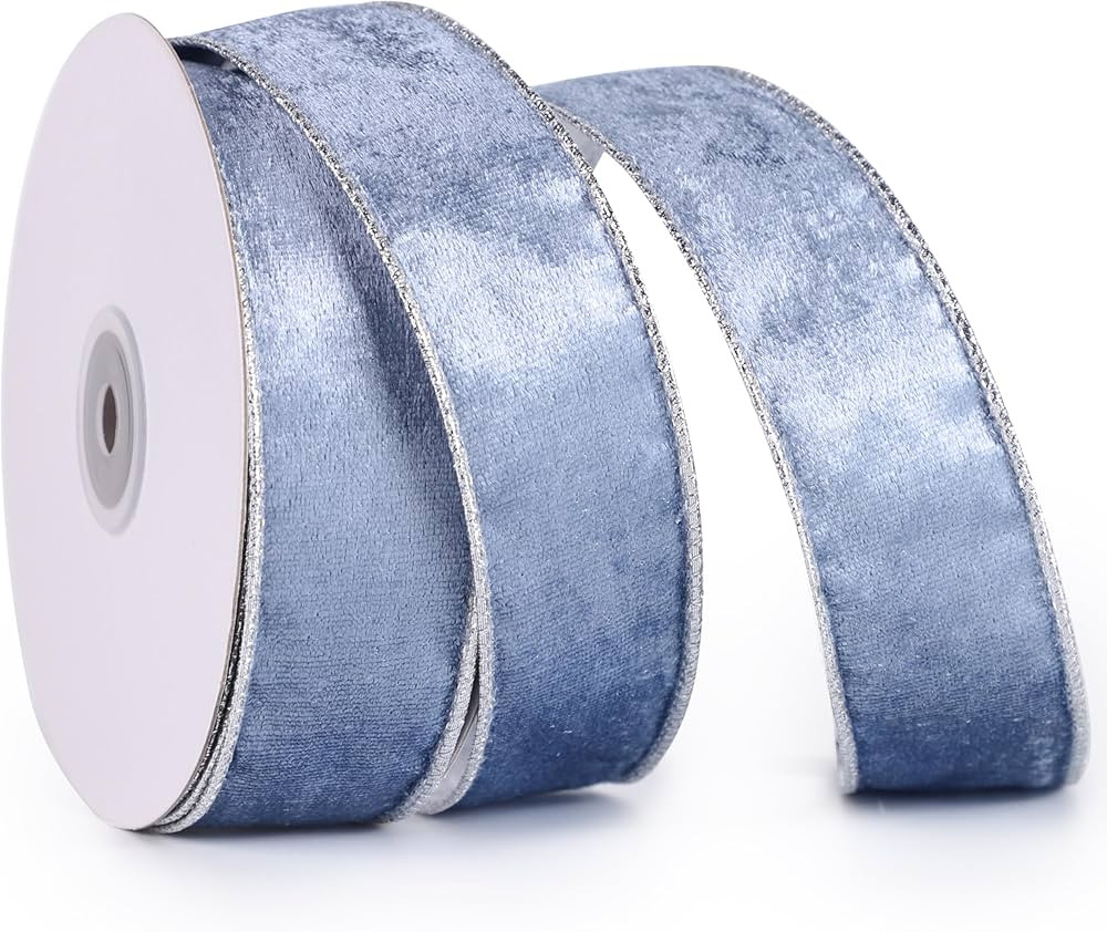 Dusty Blue Velvet Ribbon Wired 1.5" x 10 Yards Blue Christmas Wired Ribbon with Silver Backside, ... | Amazon (US)