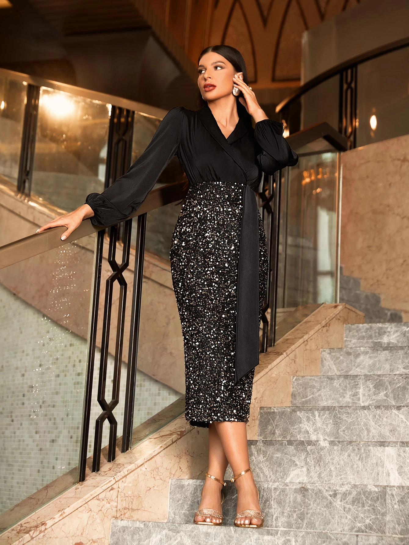 Surplice Neck Lantern Sleeve Split Hem Sequins Dress | SHEIN