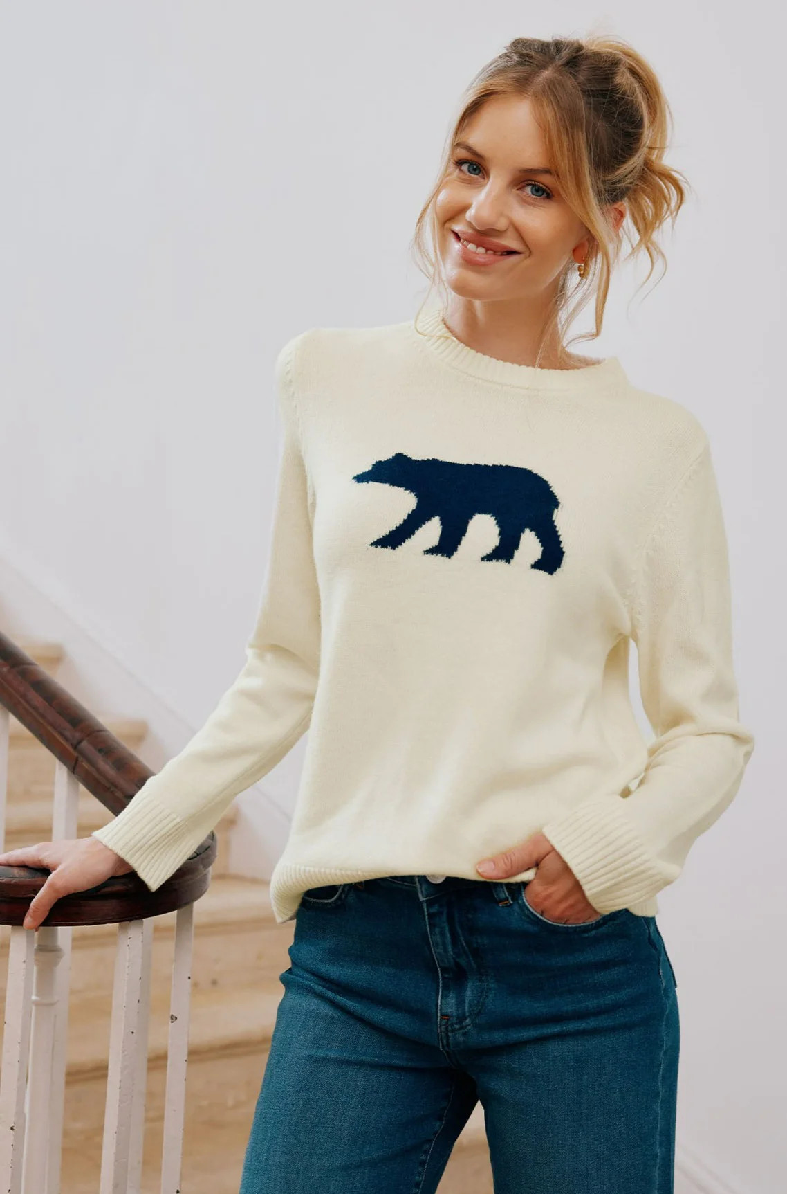 Merino Wool Polar Bear Jumper | Cream/Navy | Aspiga