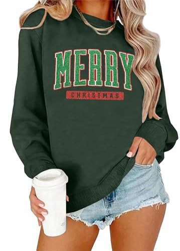 ELDPS Merry Christmas Sweatshirts for Women: Glitter Merry Sweatshirt Xmas Gift Holiday Long Sleeve Pullover Tops Green | Amazon (US)