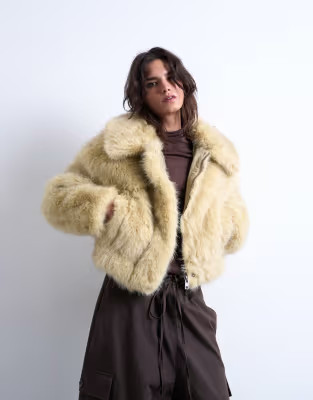 Topshop faux fur zip thru bomber jacket in buttermilk | ASOS (Global)