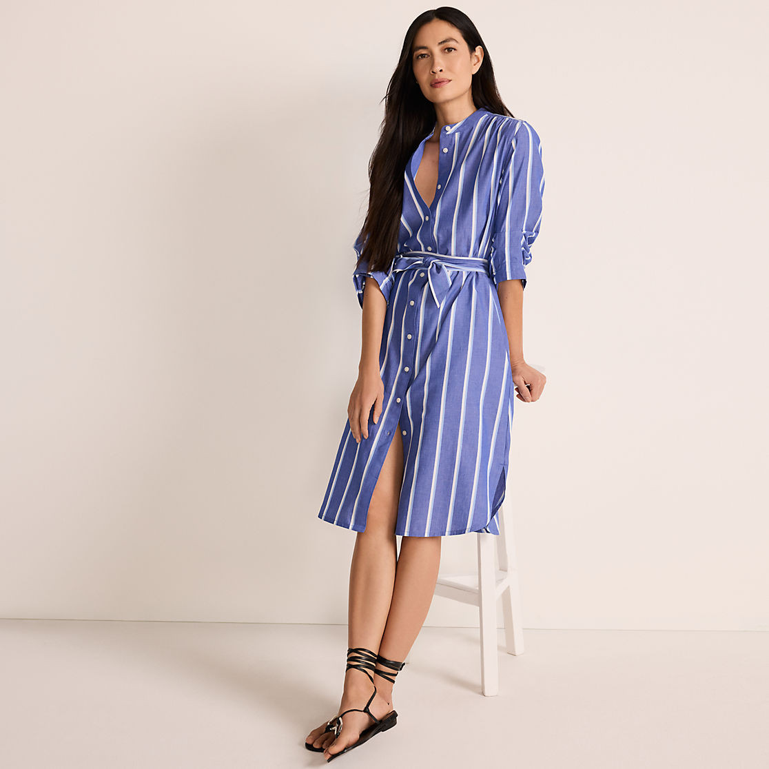 Women's Poplin Oversized Puff Sleeve Midi Shirt Dress | Lands' End (US)
