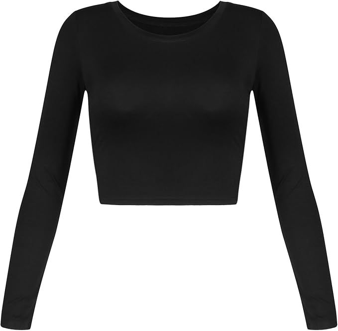Artivaly Women's Slim Fitted Basic Round Neck Long Sleeve Solid Crop Top (Black, X-Small) at Amaz... | Amazon (US)