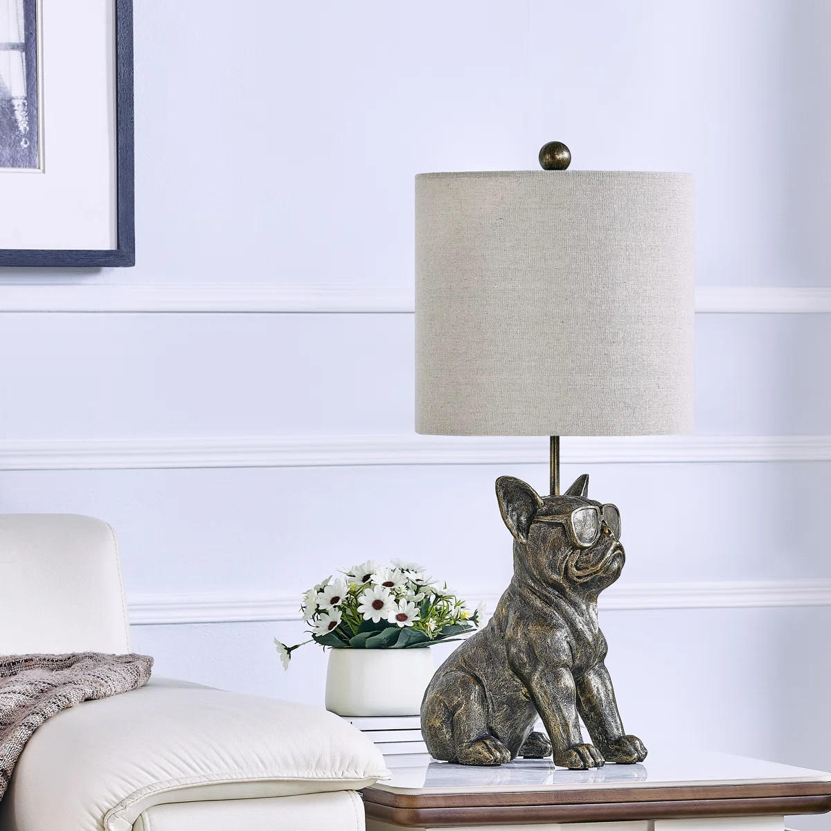 24.5"  Bronze Resin French Bulldog W/ Sunglasses Table Lamp  With Shade | Wayfair North America