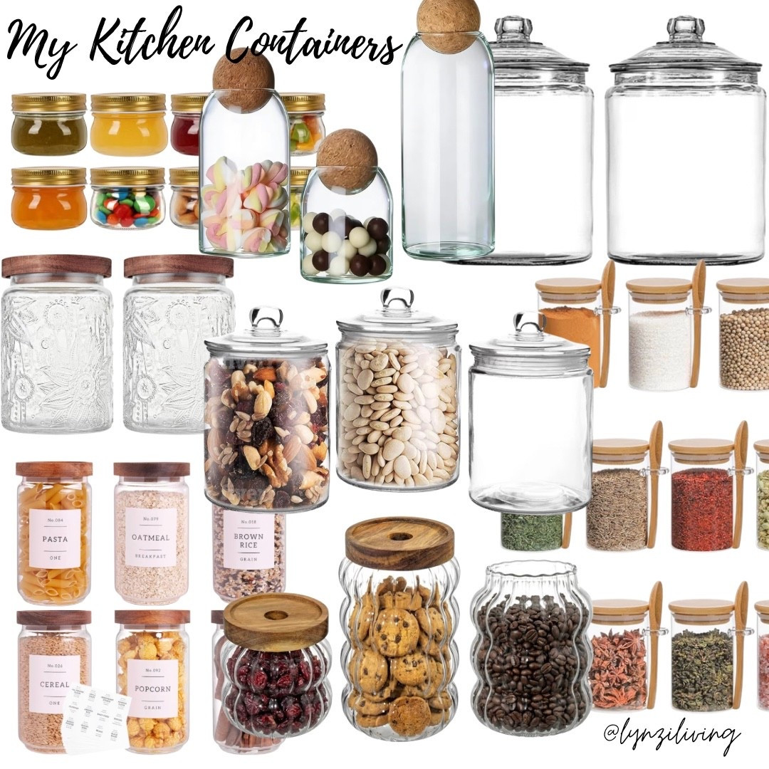 These are all of my favorite containers
I’m currently using in my kitchen. I use the bigger clear jars with the knobs for flours and sugars, the bottom left for various other baking items, the ball cork lidded containers for coffee beans, and all the others for various herbs, florals, and spices.

Amazon home, Amazon finds, Amazon favorites, Amazon kitchen, kitchen organization, kitchen decor, kitchen favorites, kitchen containers, storage containers, storage jars, food containers, spice jars, flour jar, baking jars, organization jars, glass jars, wooden lid jars 

#LTKHome #LTKfoodie