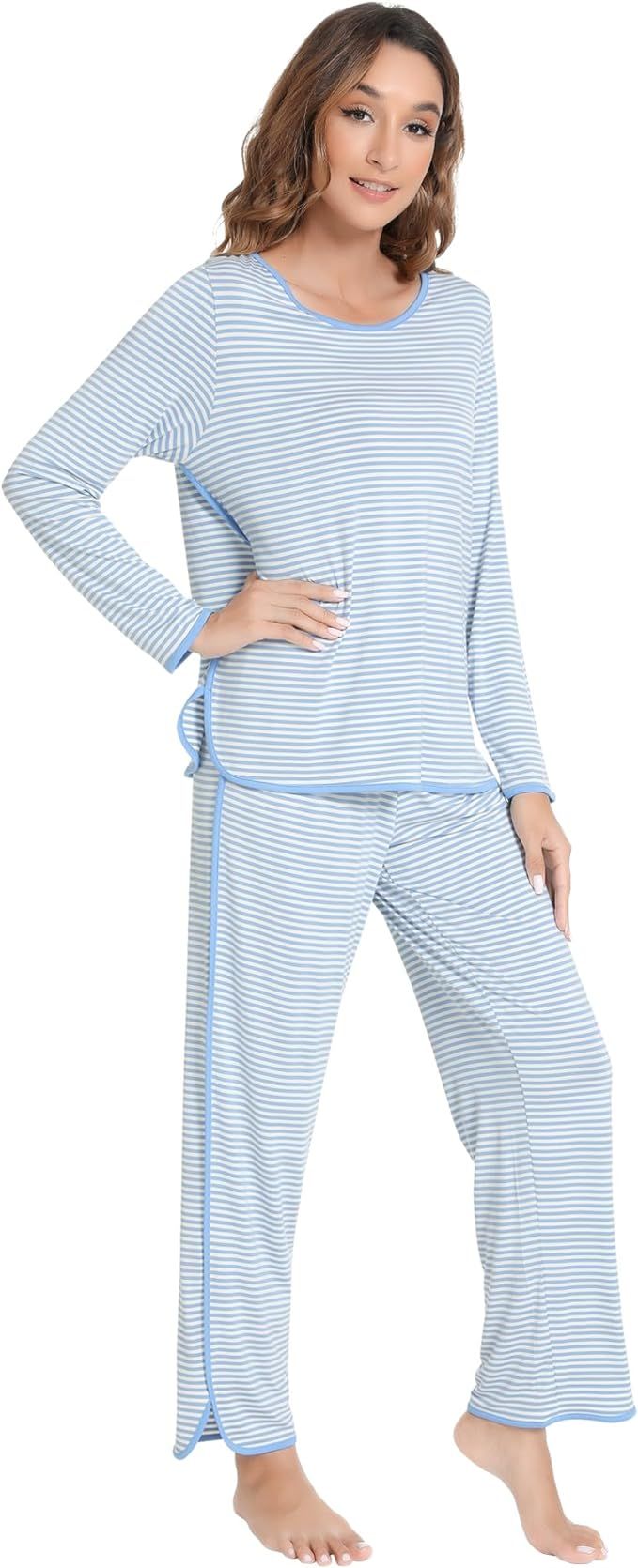 NACHILA Pajamas for Women-Viscose Made from Bamboo,Long Sleeve Pj Set Crew Neck Sleepwear with Pa... | Amazon (US)