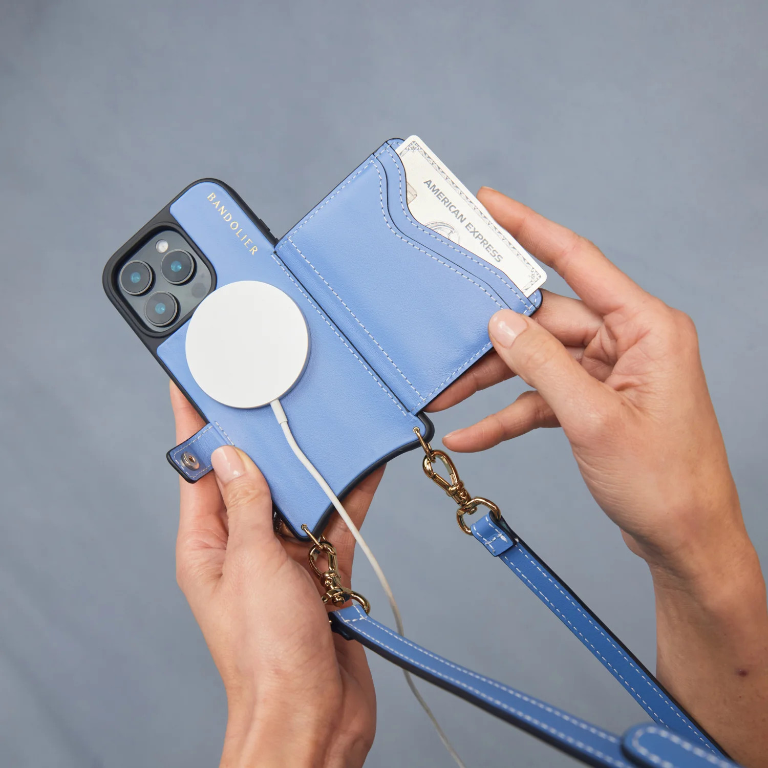 Casey Magsafe Charging Crossbody Bandolier - Dusty Blue/Gold | Bandolier