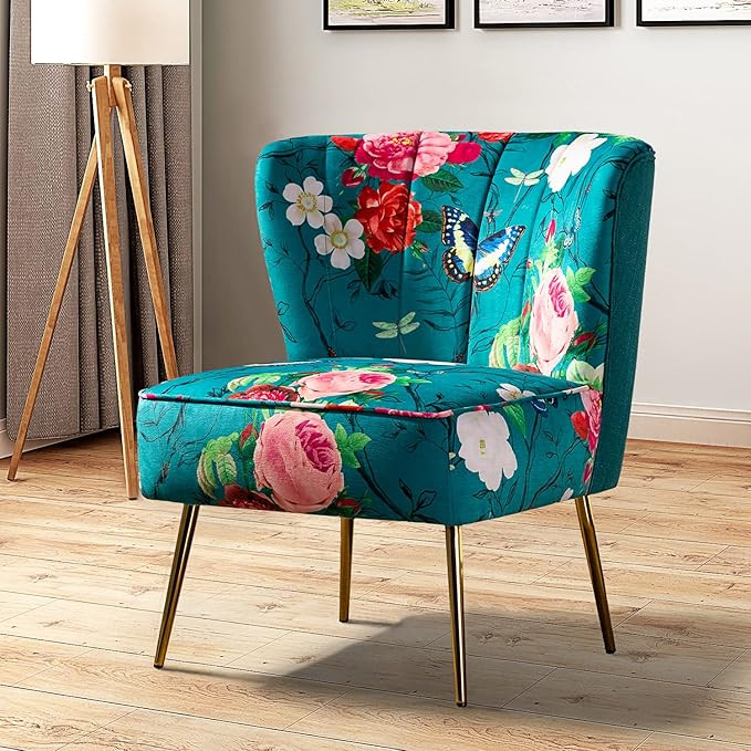TINA'S HOME Accent Chair with Golden Metal Legs, Comfy Tufted Wingback Living Room Chair Floral F... | Amazon (US)