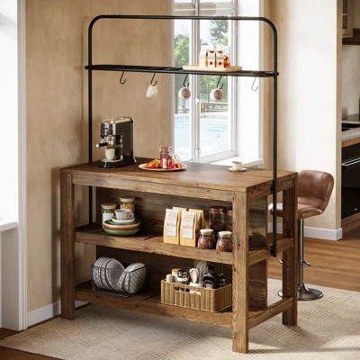 Wooden Kitchen Island with Storage Shelf and 5 Hooks, Stationary Island Table with Large Countertop | Wayfair North America