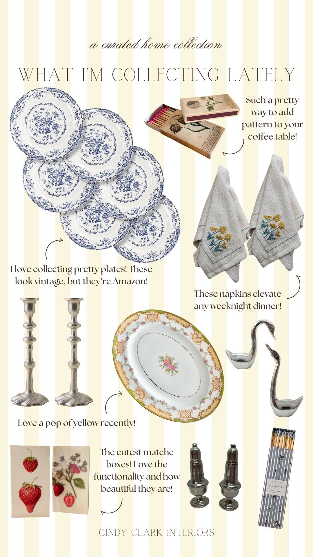 A few of the things I have been loving and collecting recently! Pretty plates, silver accents, cloth napkins, and the prettiest match boxes for display! 

#LTKHome