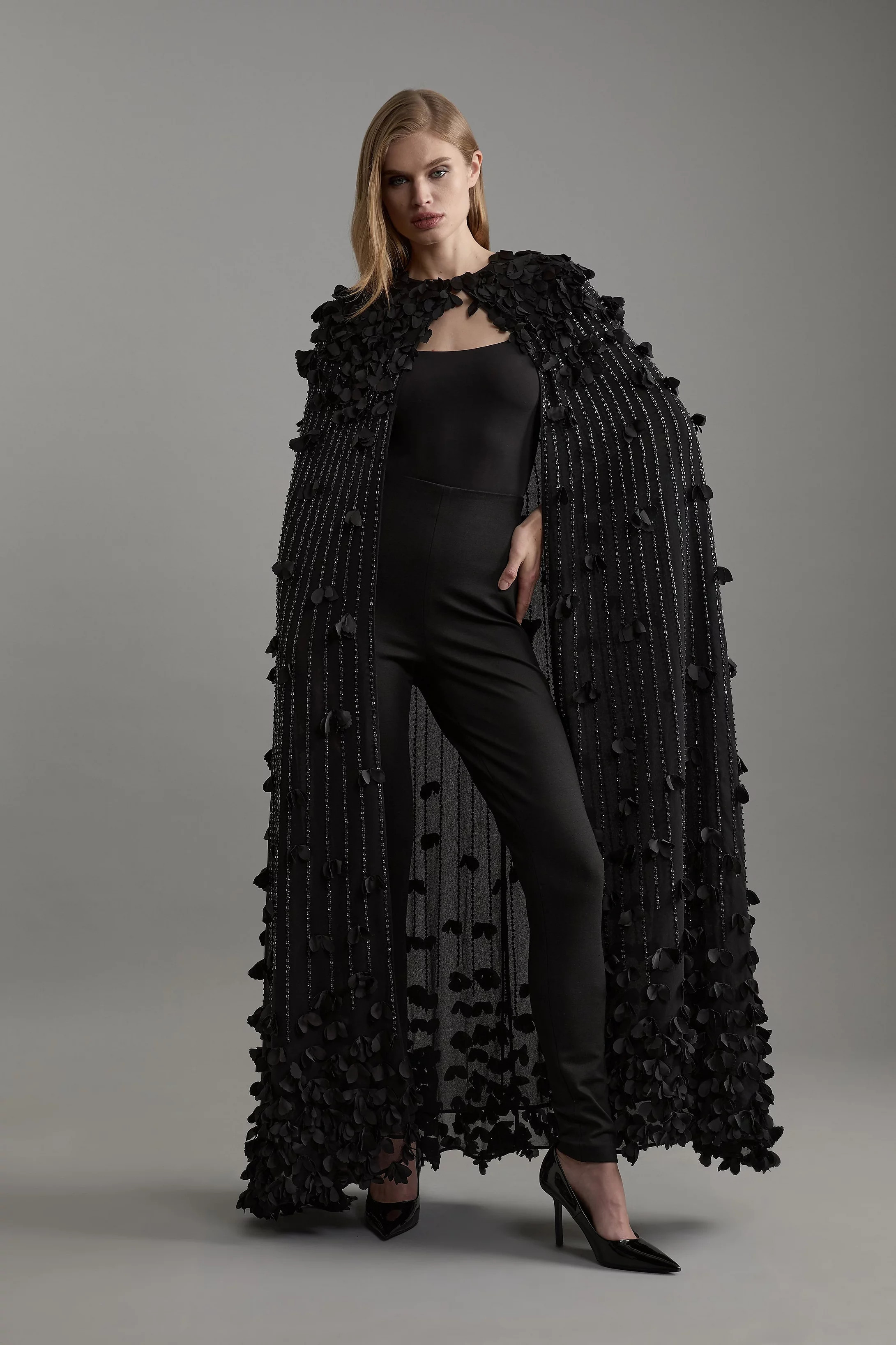 Petite Crystal Applique Woven Maxi Cape | Karen Millen UK + IE + DE + NL