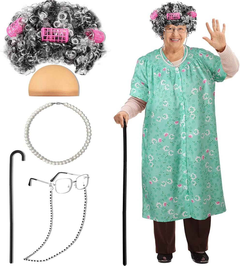 7 Pcs Old Lady Costume for Women Kids Granny Short Sleeve Robe Old Lady Wig Foldable Crutch Glasses  | Amazon (US)