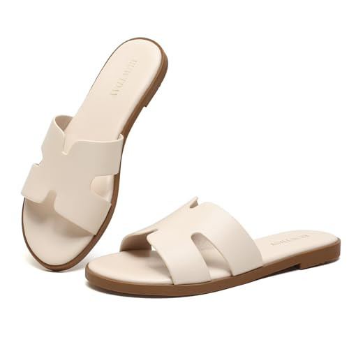 BUWTDAY Womens Flat Sandals Dressy Summer Slides Comfortable Casual Open Toe Vacation Sandals Slip On Slides Leather Sandals for Women | Amazon (US)