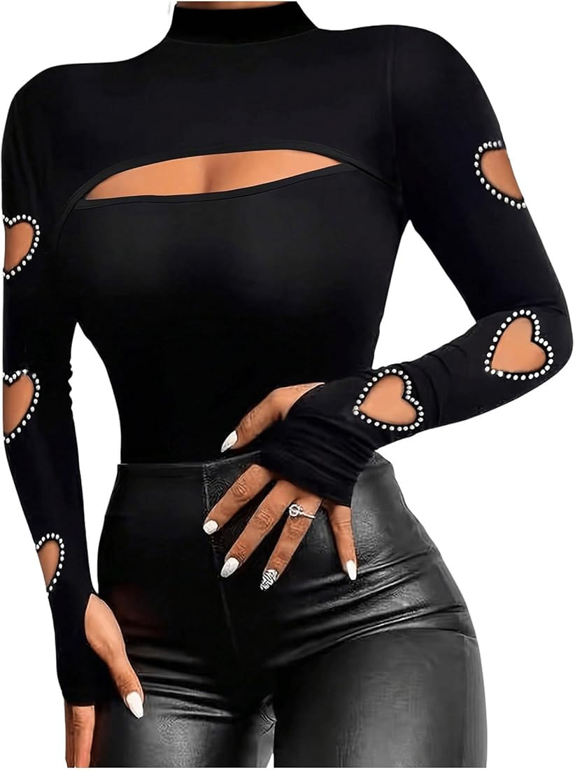 GORGLITTER Women's Heart Top Heart Cut Out Top Sparkly Tops Cutout T Shirt Long Sleeve High Neck ... | Amazon (US)