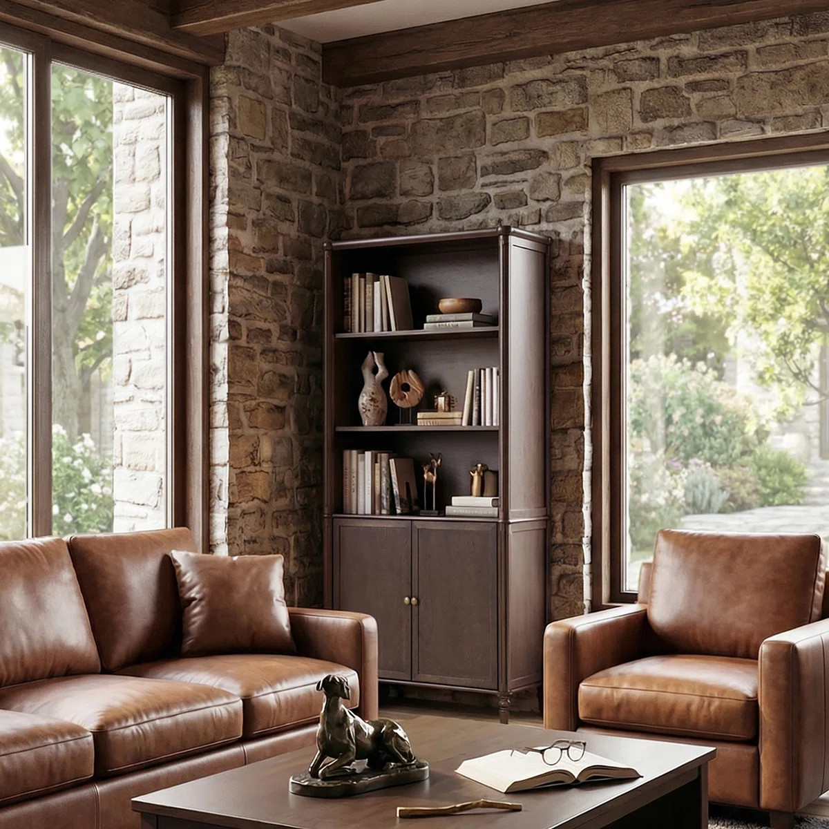Hoai Transitional 76"H Solid Wood 5-Tier Storage Cabinet Bookcase with Cable Management | Wayfair North America