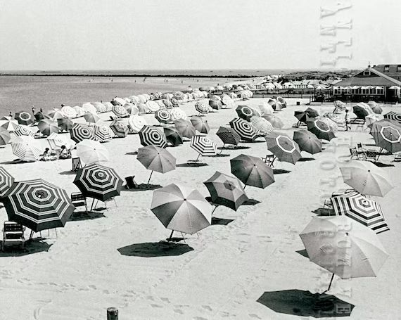 Vintage photo beach umbrellas print beach house coastal nautical ocean wall decor black and white... | Etsy (US)