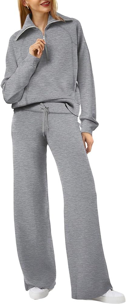 XIEERDUO Lounge Sets For Women 2024 Half Zip Sweatshirt And Wide Leg Sweatpant 2 Piece Outfits Sw... | Amazon (US)