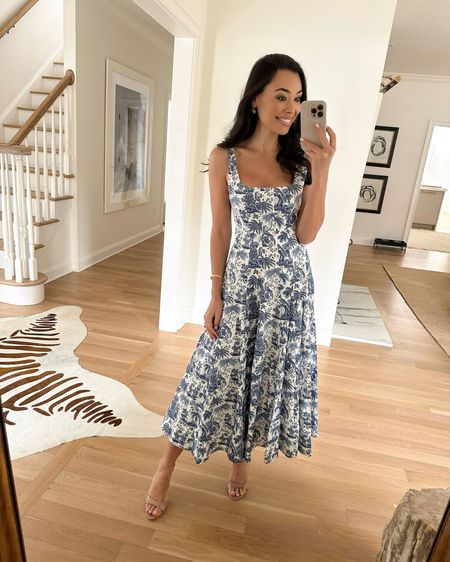 Kat Jamieson wears a floral blue dress. Today is the last day to get 20% off with code FORYOU. Spring outfit, bridal shower, Easter, baby shower, vacation style, midi dress.

#LTKSpringSale #LTKparties #LTKSeasonal