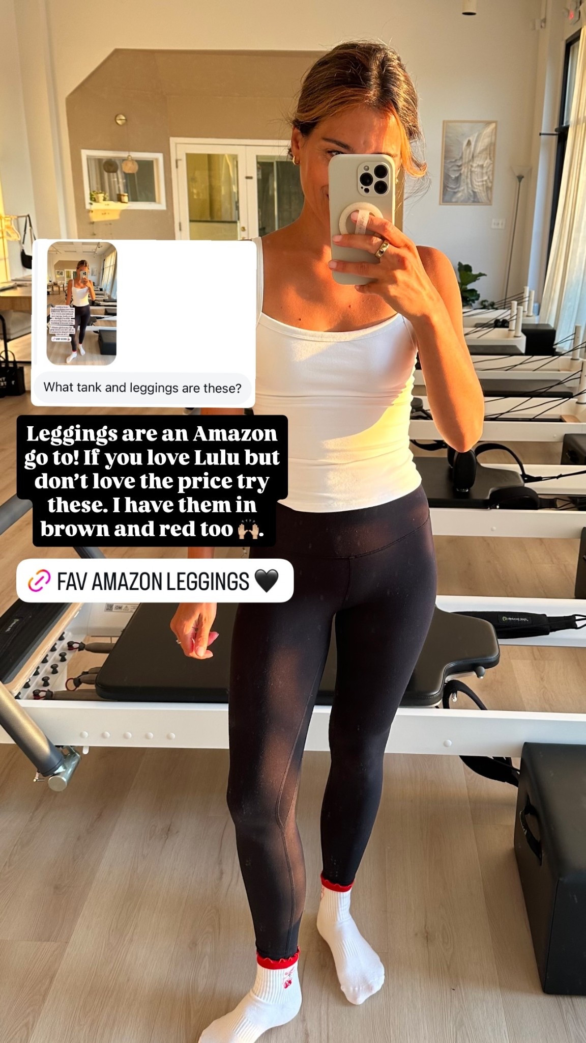 Leggings are an Amazon go to! If you love Lulu but don’t love the price try these. I have them in brown and red too 🙌🏼.