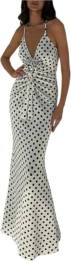 Floerns Women's Polka Dots Fishtail V Neck Cami Maxi Dress 3D Flower Evening Floor Length Dresses | Amazon (US)