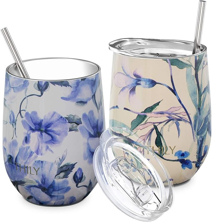 Stainless Steel Insulated Wine Tumbler - THILY Stemless Wine Glass with Sliding Lid and Straw, Ke... | Amazon (US)