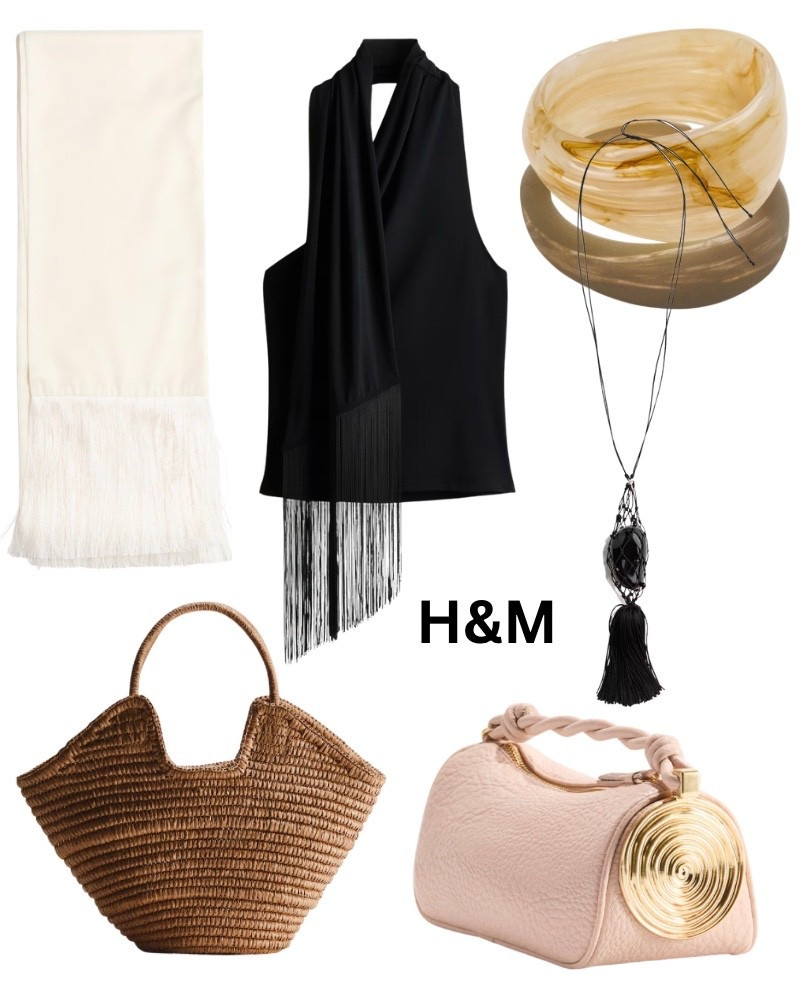 H&M new arrivals, tassel, necklace, French scarf, straw, tote, bangle, bracelets, top with scarf, spring, summer, trendy, classic, sheet, Parisian style.

#LTKTravel #LTKOver40 #LTKWorkwear