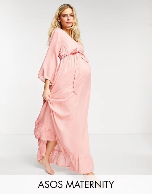 ASOS DESIGN maternity v neck tiered maxi beach dress in peach | ASOS (Global)