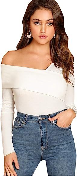 Romwe Women's Casual Cross Off Shoulder Deep V Neck Ribbed Knit Slim Wrap Tee Shirt Blouse | Amazon (US)