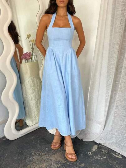 Light Blue Halter Linen Drop Waist Dress Midi Size Xs | SHEIN